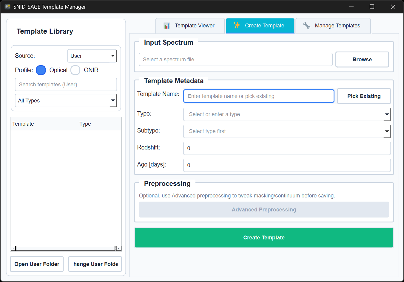 Template creation form with fields for name, type, subtype, redshift, and age